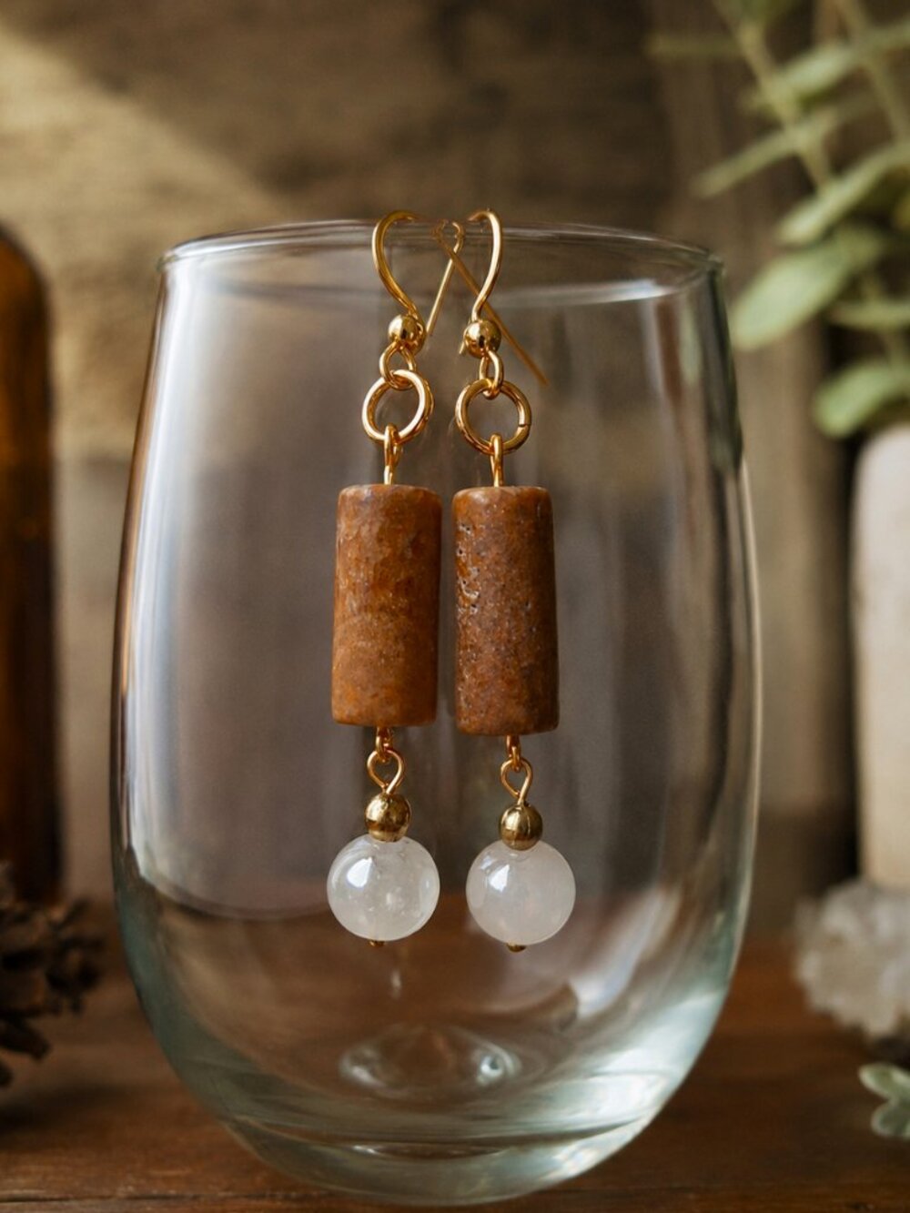 Rustic Chic Italian Onyx & Pearl Glass Gold Earrings - 24k Gold Plated Stainless